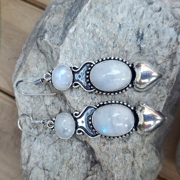New Rainbow Moonstone 925 Silver Statement Earrings. - Picture 3 of 13